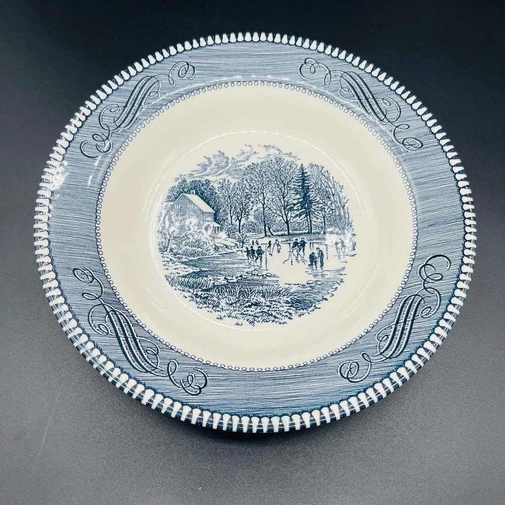 6 Currier & Ives Royal Blue 'Early Winter' Soup/Salad Bowls 8.5